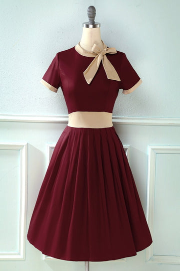 Vestido vintage de estilo retrô Burgundy com Bowknot